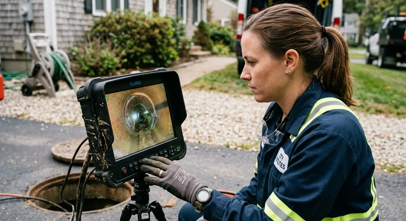 Technician reviewing sewer camera inspection footage in Ladson