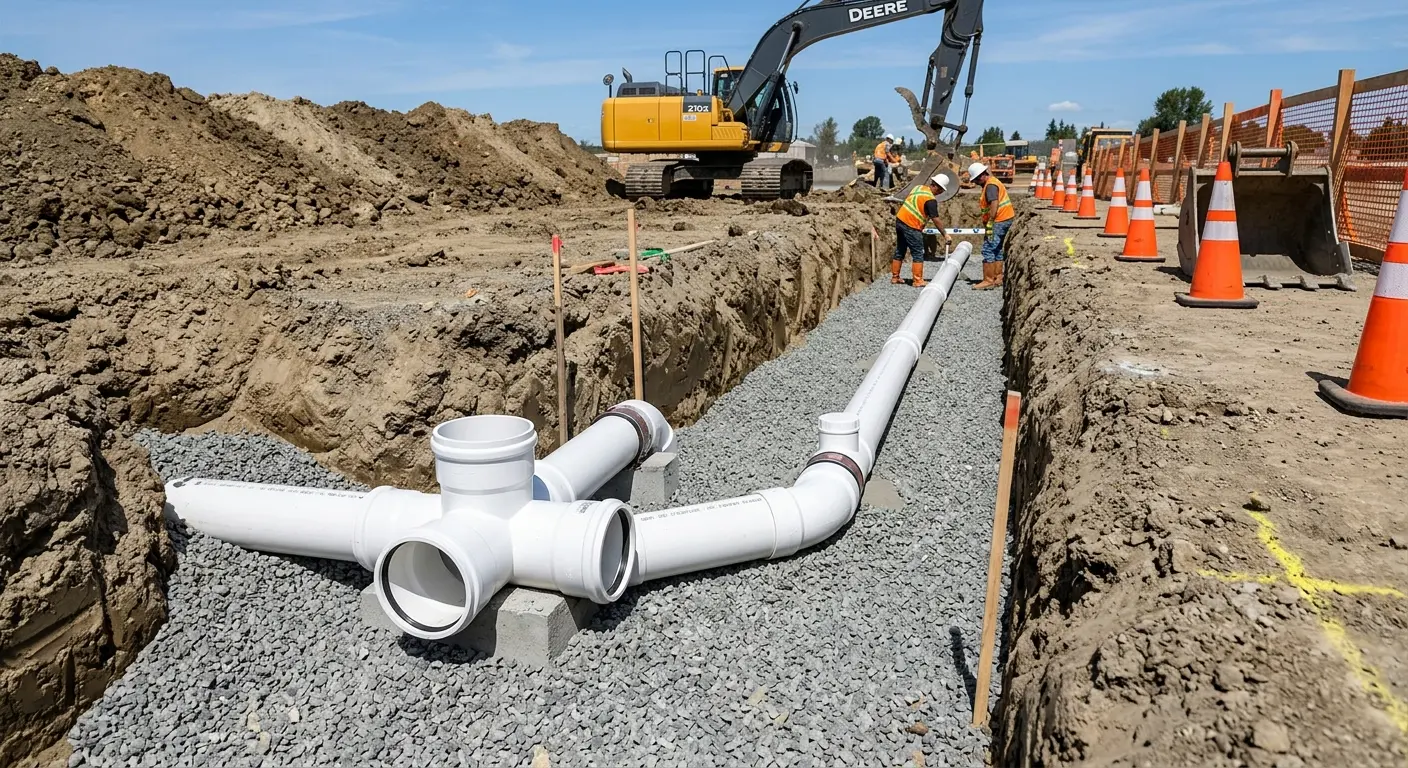 New PVC sewer pipe installation in open trench for Commercial Drain Cleaning in Ladson