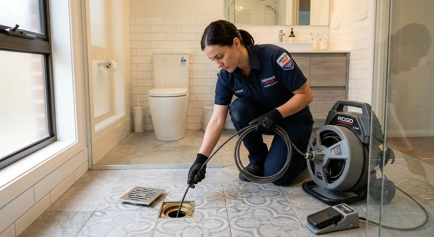 Technician clearing a bathroom floor drain for Hydro Jetting in Ladson